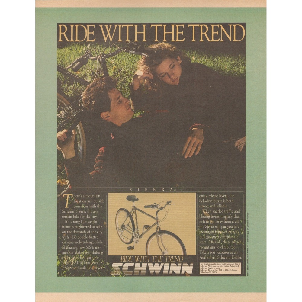 1987 Schwinn Magazine Print Ad Sierra Mountain Bike Ride With the Trend Bicycle